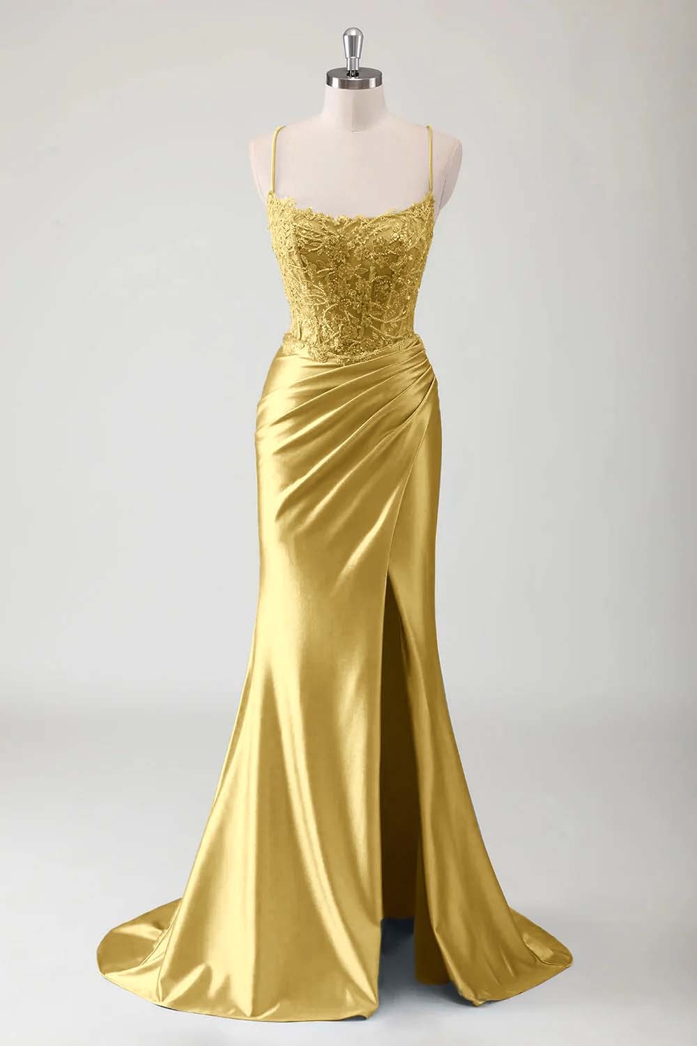 Spaghetti Strap Sleeveless Long High Split Prom Dress With Appliques