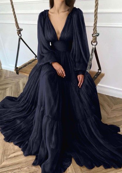 Deep V Neck Long Sleeves High Waist Long Prom Dress With Ruffles