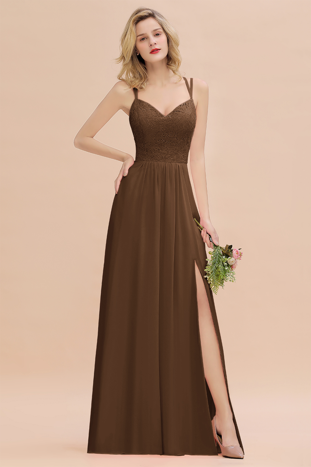 BMbridal Spaghetti-Straps Coral Lace Bridesmaid Dresses with Slit-BMbridal