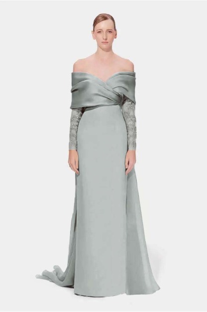 Off the Shoulder Long Sleeves Long Mermaid Prom Dress With Appliques