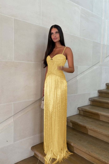 Spaghetti straps Sleeveless Long Prom Dress With Beading Tassel