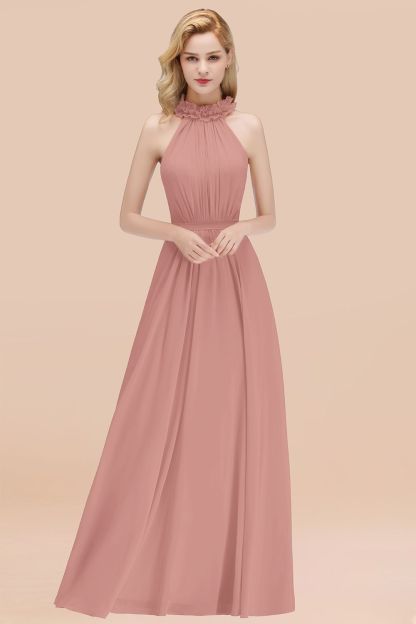 BMbridal Modest High-Neck Halter Ruffle Chiffon Bridesmaid Dresses Affordable-BMbridal