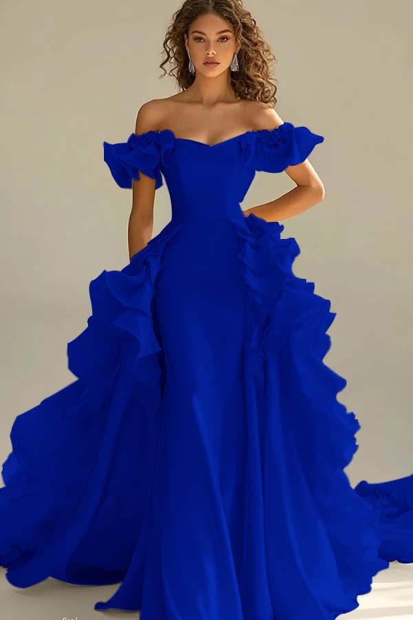 Off the Shoulder Sleeveless Long Mermaid Prom Dress With Ruffles