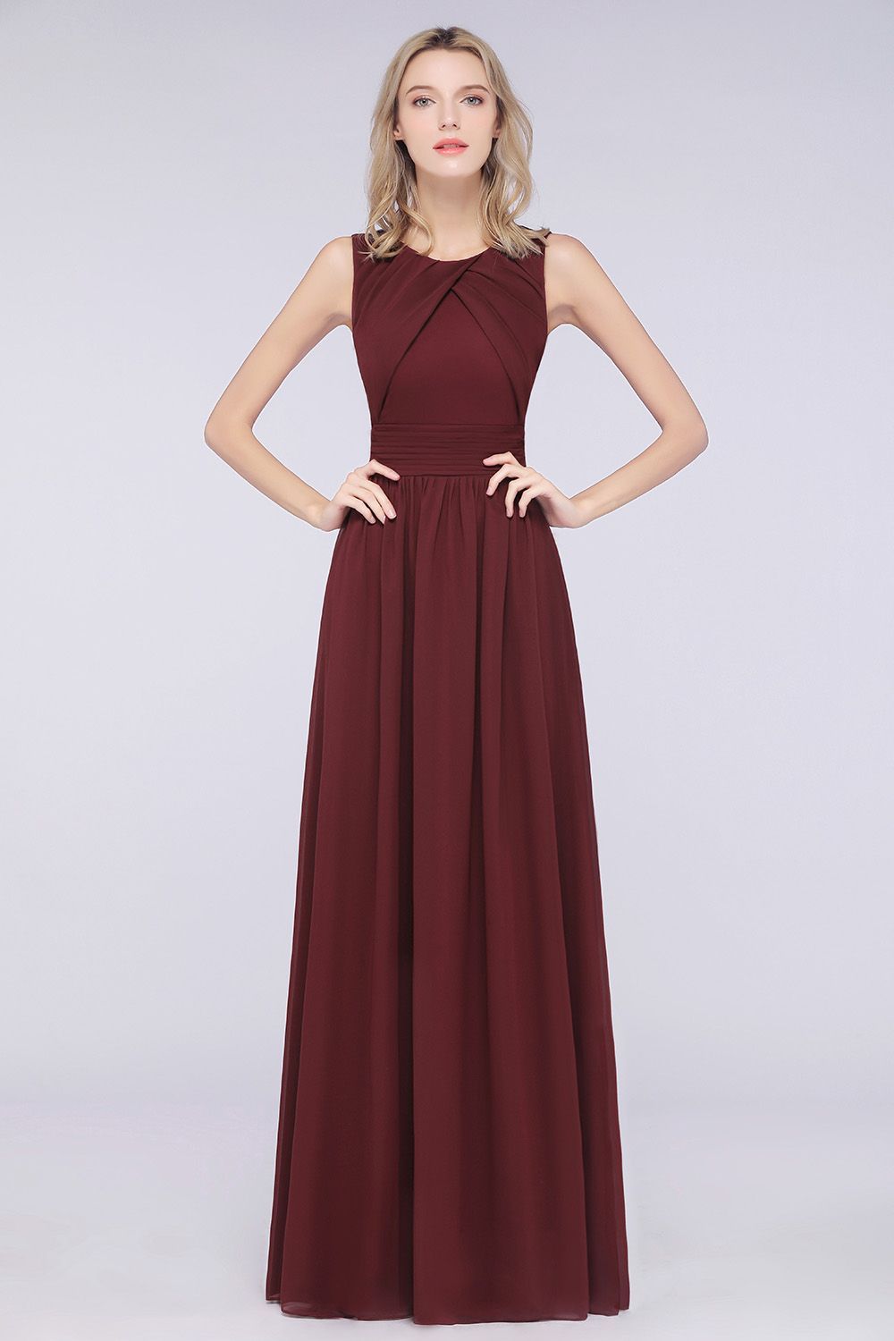 BMbridal Modest Round-Neck Sleeveless Burgundy Bridesmaid Dresses with Ruffles-BMbridal