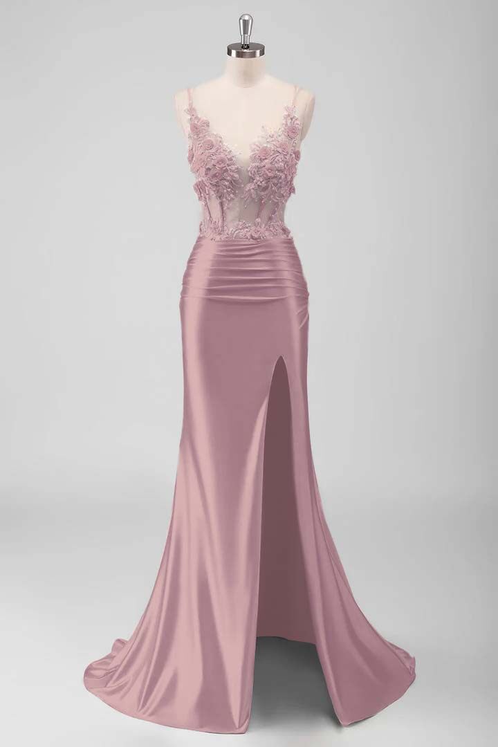 Sleeveless Spaghetti Strap Long Split Mermaid Prom Dress With Appliques