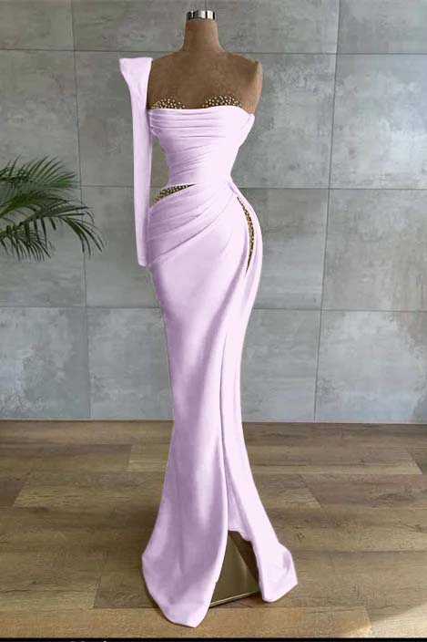 One Shoulder Long Sleeve Long High Split Prom Dress With Beading