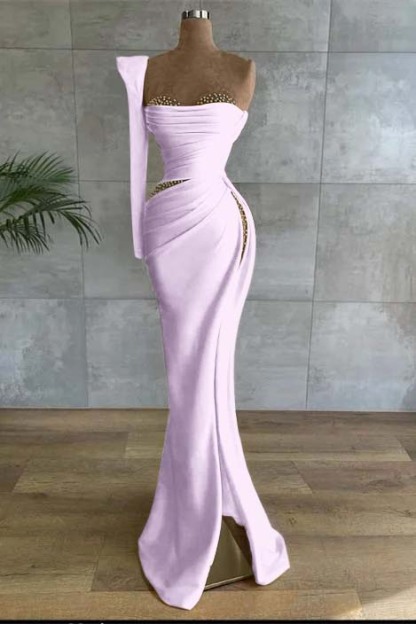One Shoulder Long Sleeve Long High Split Prom Dress With Beading