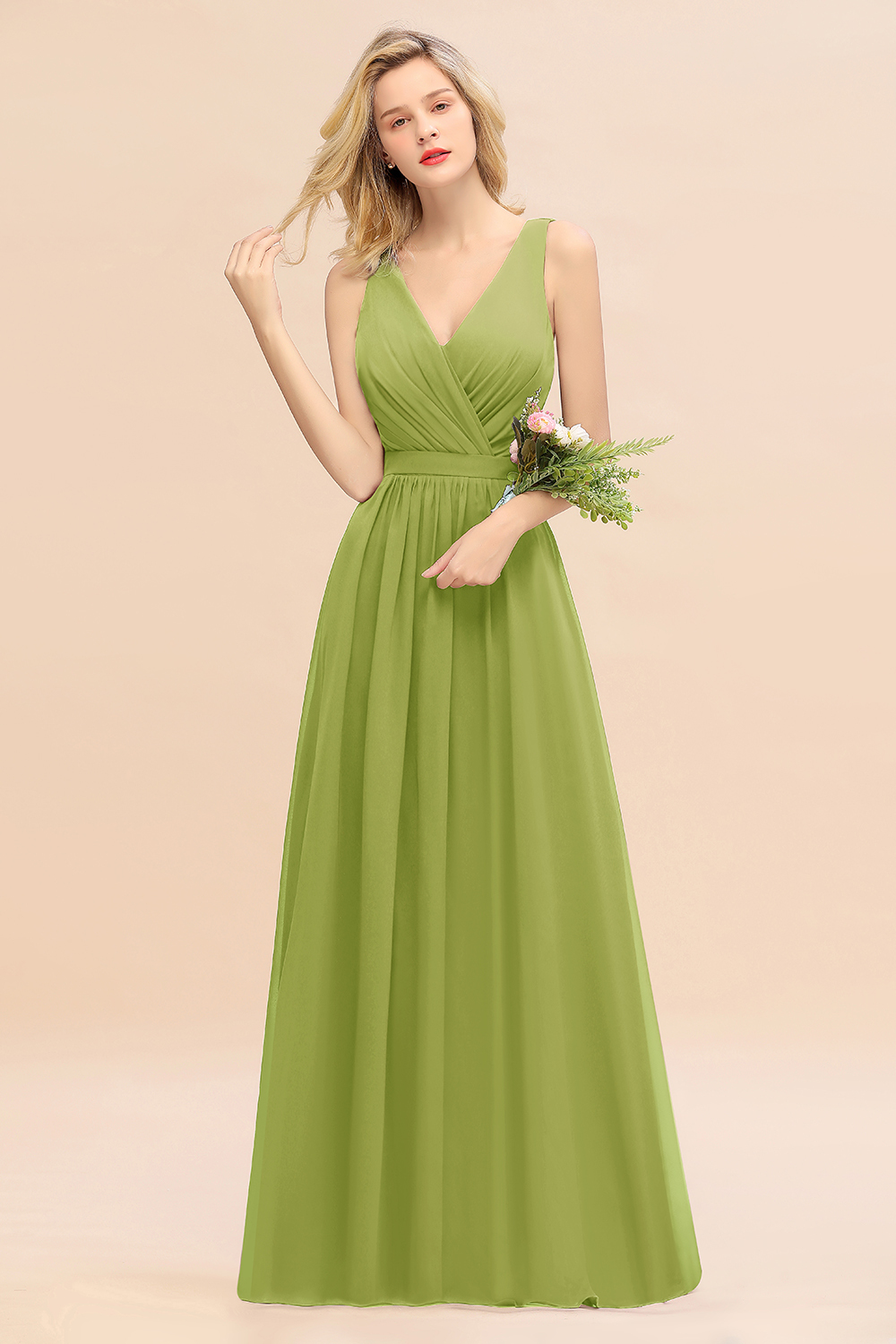 BMbridal Affordable V-Neck Ruffle Long Grape Chiffon Bridesmaid Dress with Bow-BMbridal