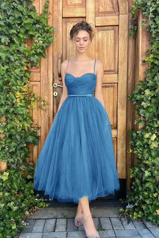 Tulle Spaghetti Strap Sweetheart Sleeveless Prom Dress With Belt