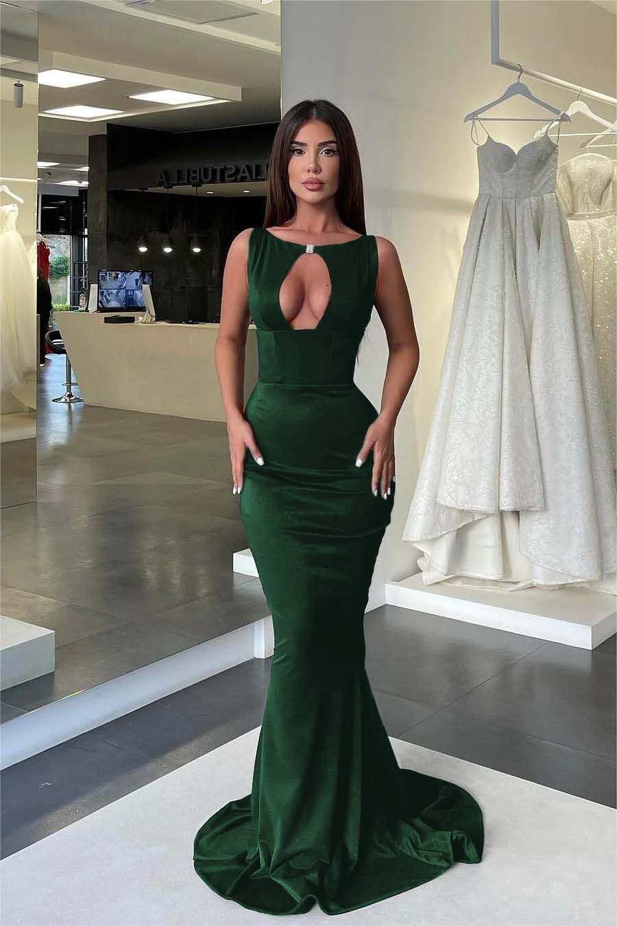 Jewel Neck Sleeveless High Waist Mermaid Prom Dress With Pleated