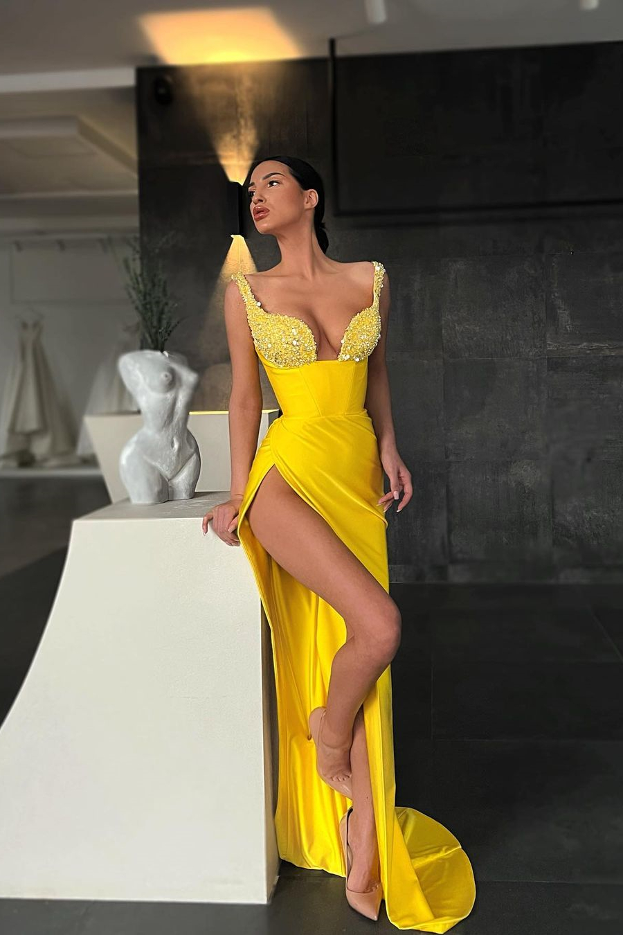 Mermaid Yellow Sequins High Waist Straps Sleeveless Prom Dress With High Split