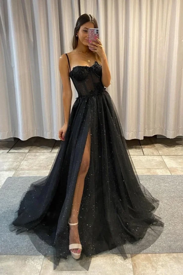Spaghetti Strap Sleeveless Long Split Prom Dress With Sequins