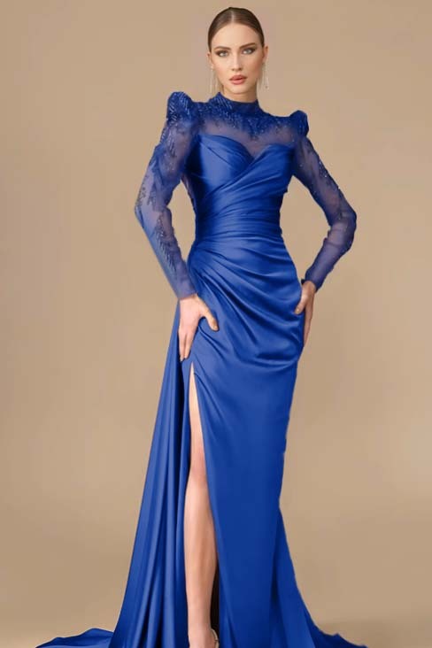 Long Sleeves Long Mermaid Prom Dress With Split Pleated Appliques