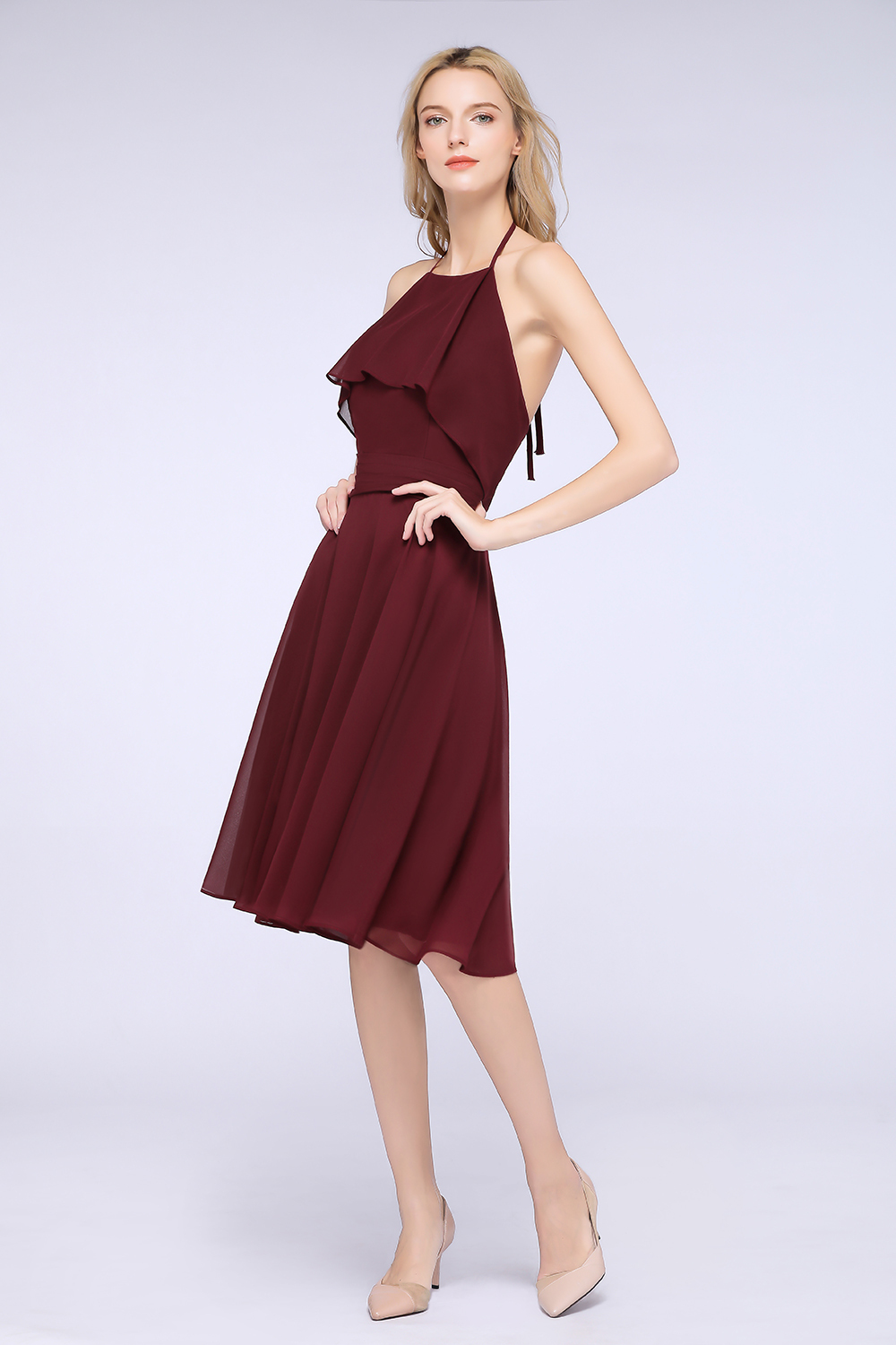BMbridal Gorgeous Halter Sleeveless Chiffon Short Bridesmaid Dress with Ruffle-BMbridal