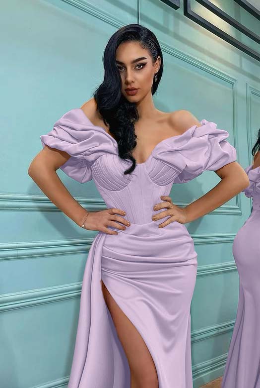 Pink Mermaid Off the Shoulder Sweetheart High Split Prom Dress With Pleated