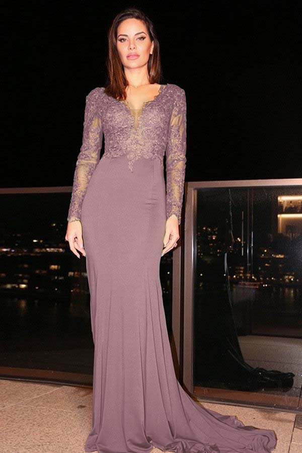 Long Sleeves Long Mermaid Prom Dress With Pleated Appliques