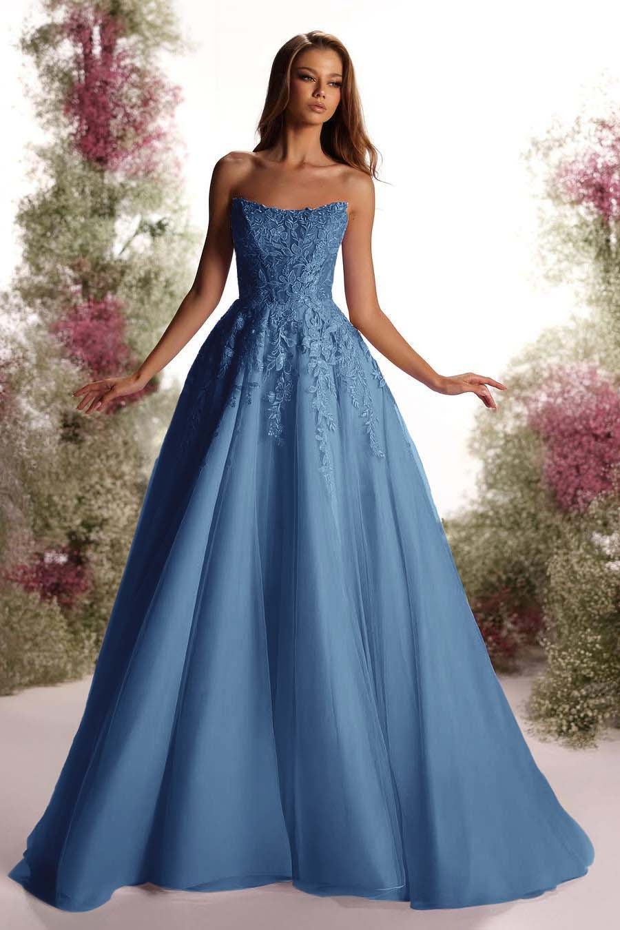 Tulle Strapless Sleeveless Long A Line Prom Dress With Appliques