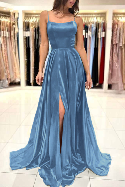 Spaghetti Strap Split Simple Long Prom Dress Green A Line