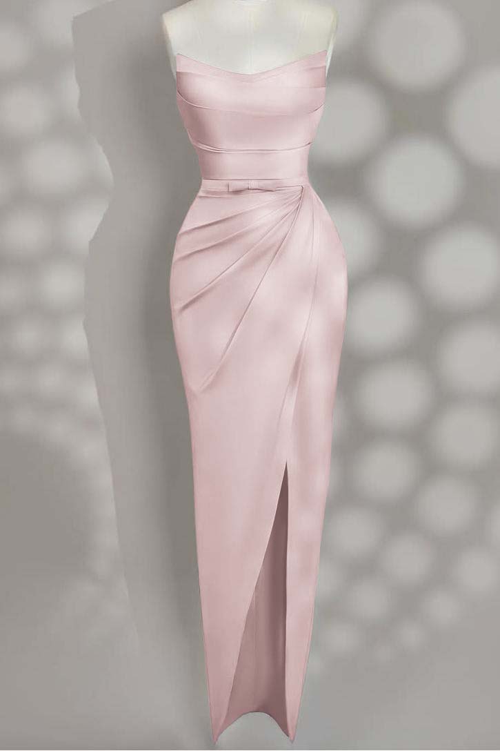 Strapless Sleeveless Long Split Prom Dress With Pleated Bowknot