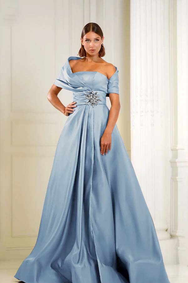 Off the Shoulder Sleeveless Long Prom Dress With Pleated Beading
