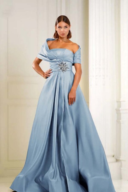 Off the Shoulder Sleeveless Long Prom Dress With Pleated Beading
