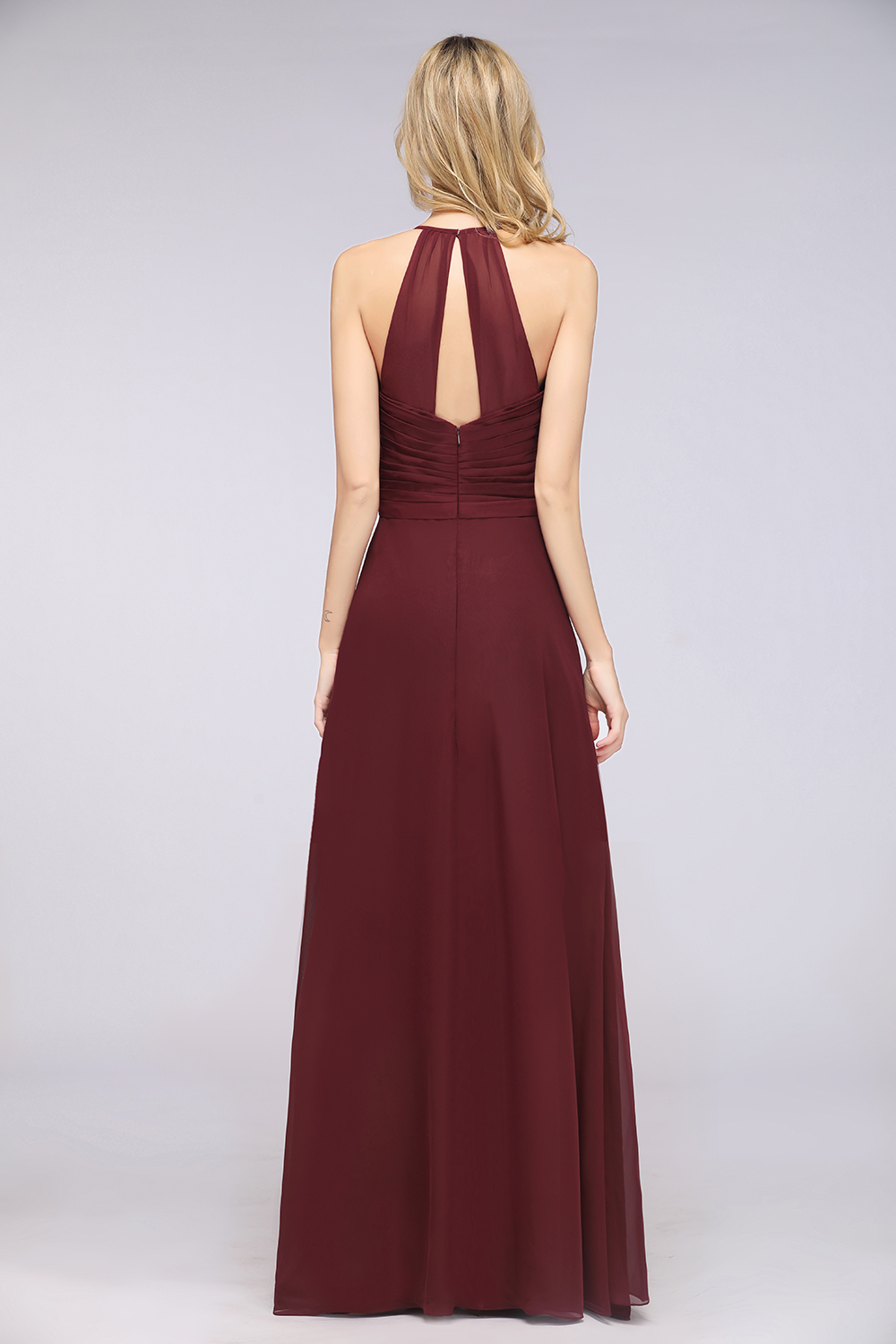 BMbridal Affordable Chiffon Halter V-Neck Ruffle Burgundy Bridesmaid Dresses-BMbridal