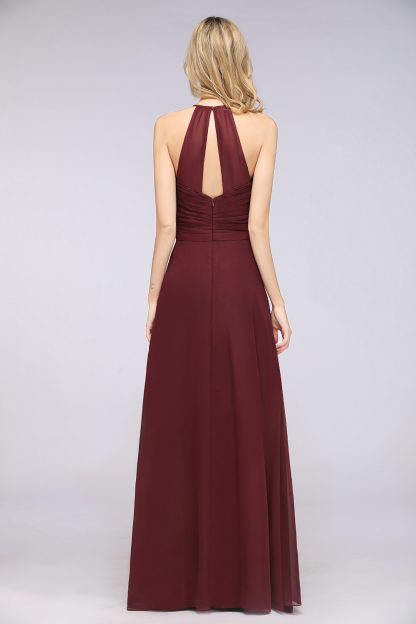 BMbridal Affordable Chiffon Halter V-Neck Ruffle Burgundy Bridesmaid Dresses-BMbridal