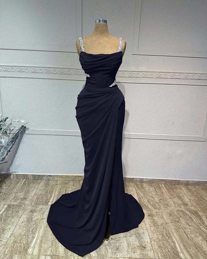 Straps Sleeveless Long Mermaid Prom Dress With Pleated Sequins