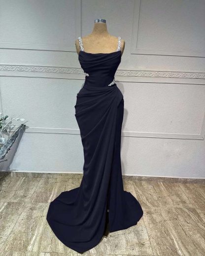 Straps Sleeveless Long Mermaid Prom Dress With Pleated Sequins