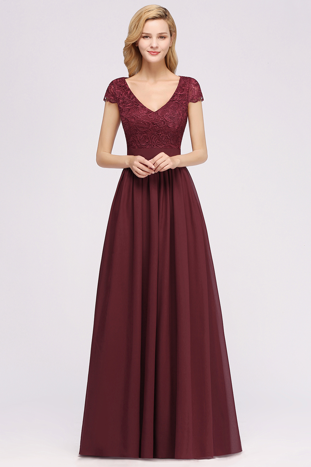 BMbridal Elegant Lace Open-Back Long Burgundy Bridesmaid Dresses Online-BMbridal