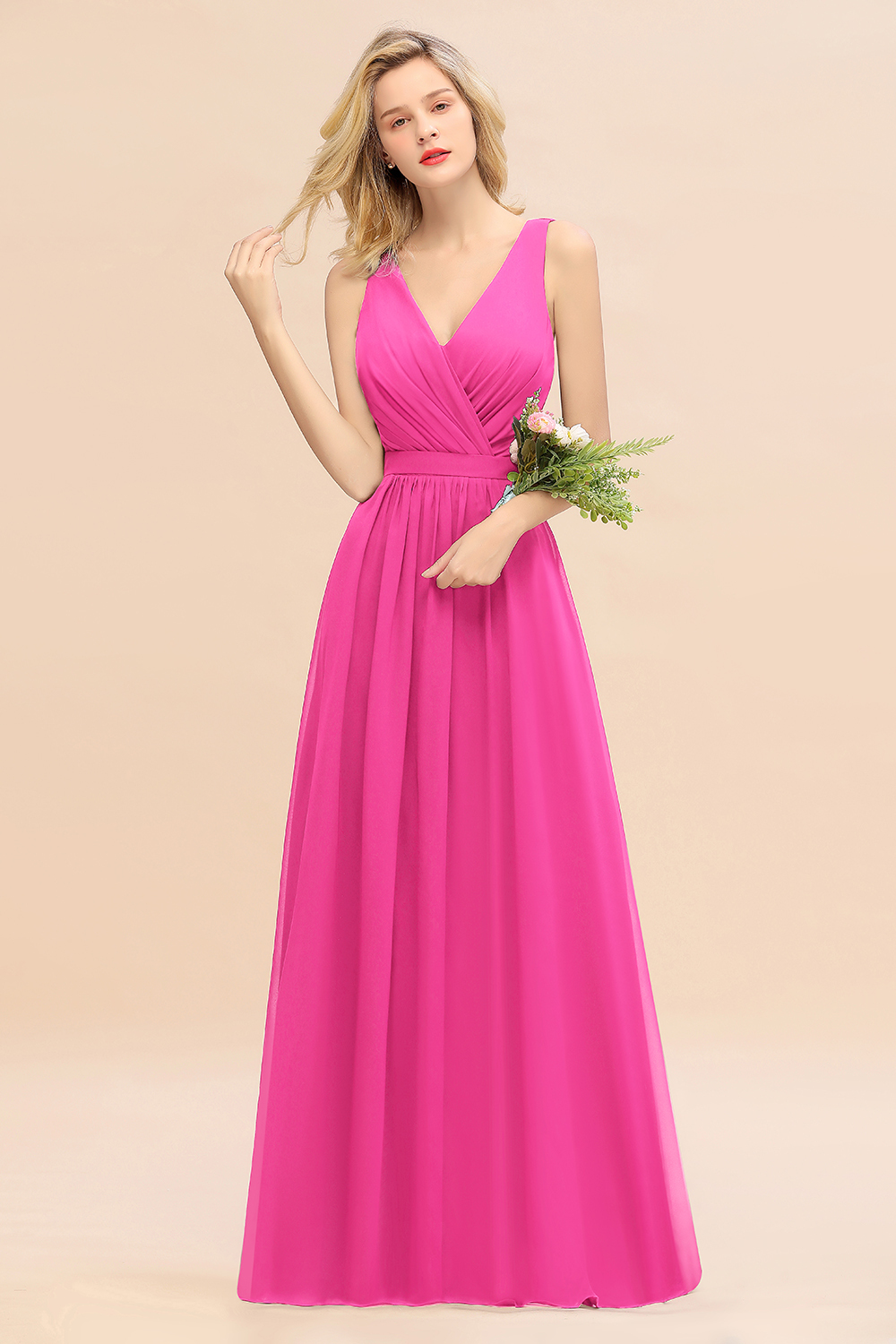BMbridal Affordable V-Neck Ruffle Long Grape Chiffon Bridesmaid Dress with Bow-BMbridal