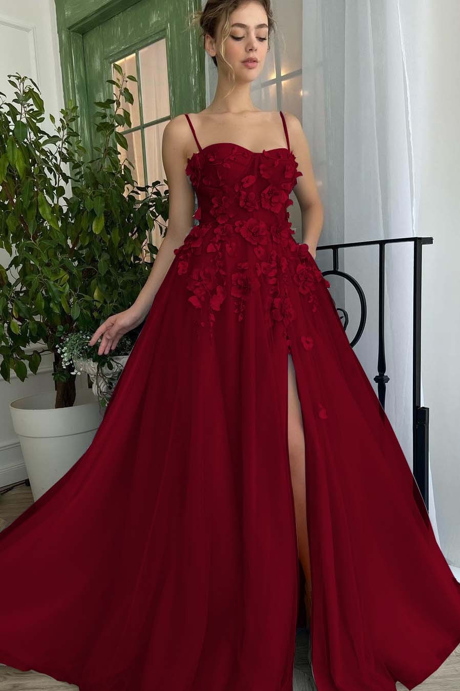 Baby Blue Sweetheart Flowers Appliques Spaghetti Strap Prom Dress With Split