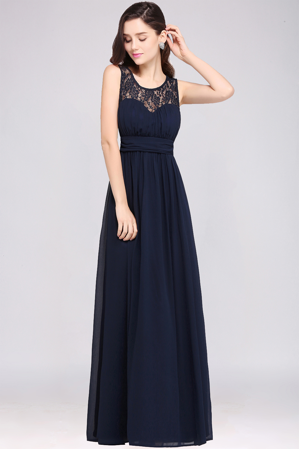 BMbridal Affordable Chiffon Jewel Sleeveless Lace Bridesmaid Dress Online with Ruffle-BMbridal