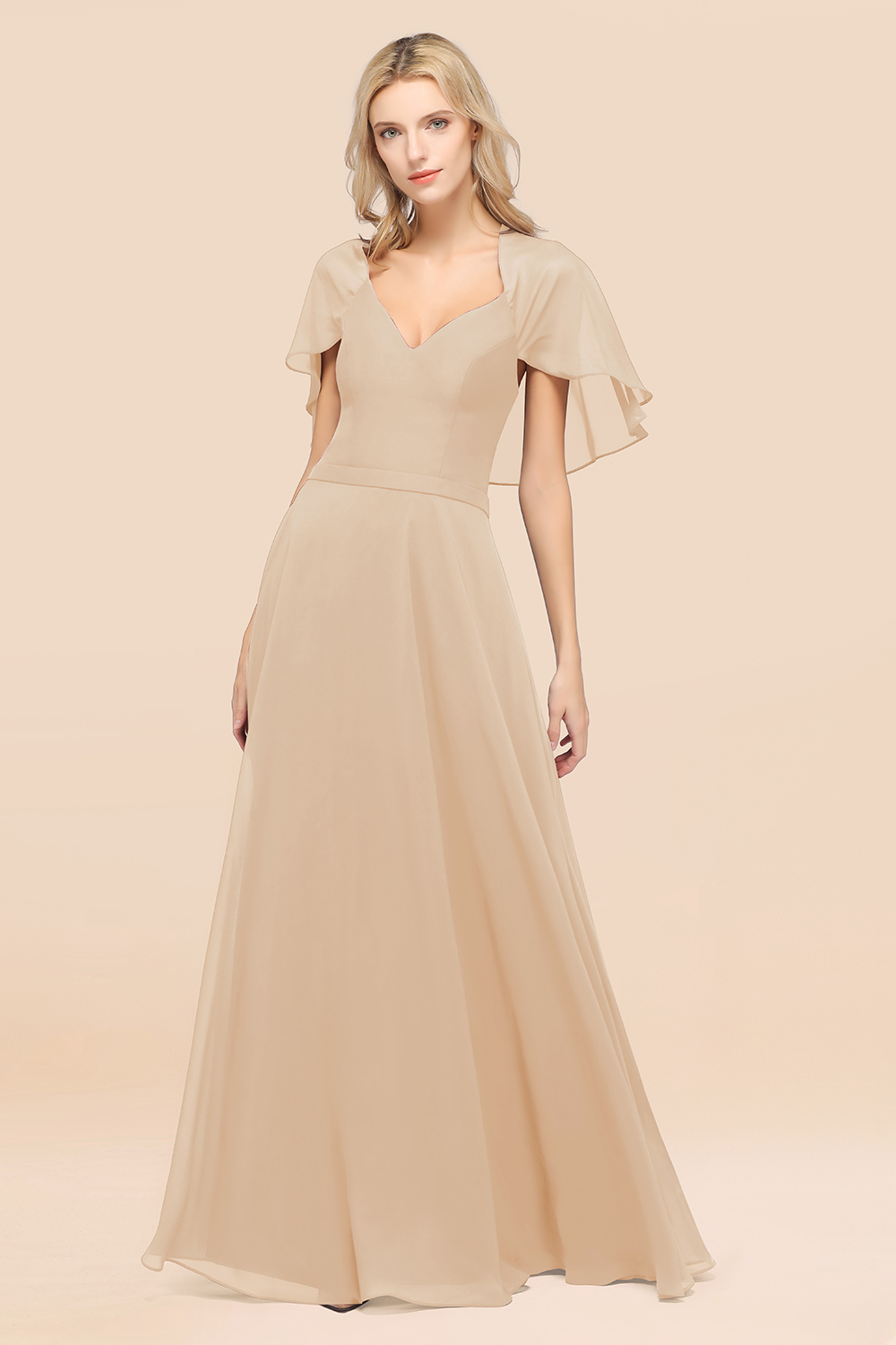 BMbridal Chic Satin V-Neck Long Burgundy Chiffon Bridesmaid Dress with Flutter Sleeve-BMbridal