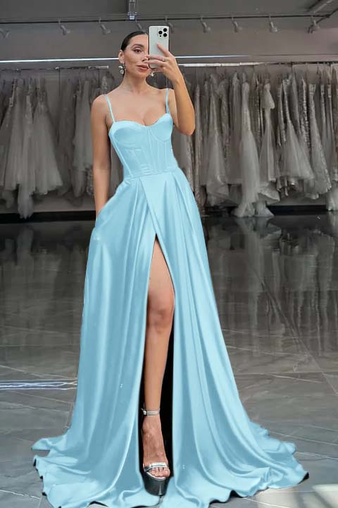 Spaghetti Strap Sleeveless Long Split Prom Dress With Pleated