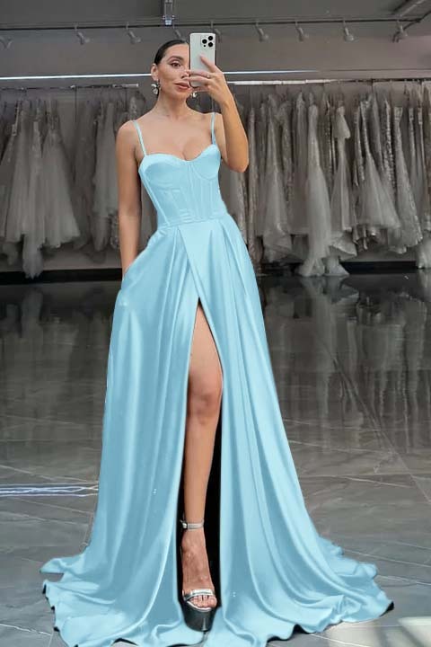 Spaghetti Strap Sleeveless Long Split Prom Dress With Pleated