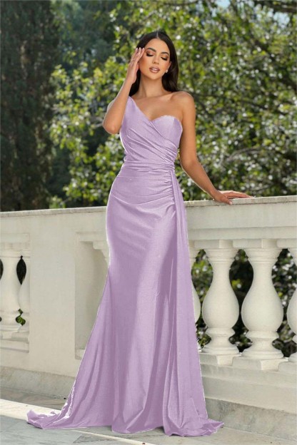 One Shoulder Sleeveless Long Mermaid Prom Dress With Pleated