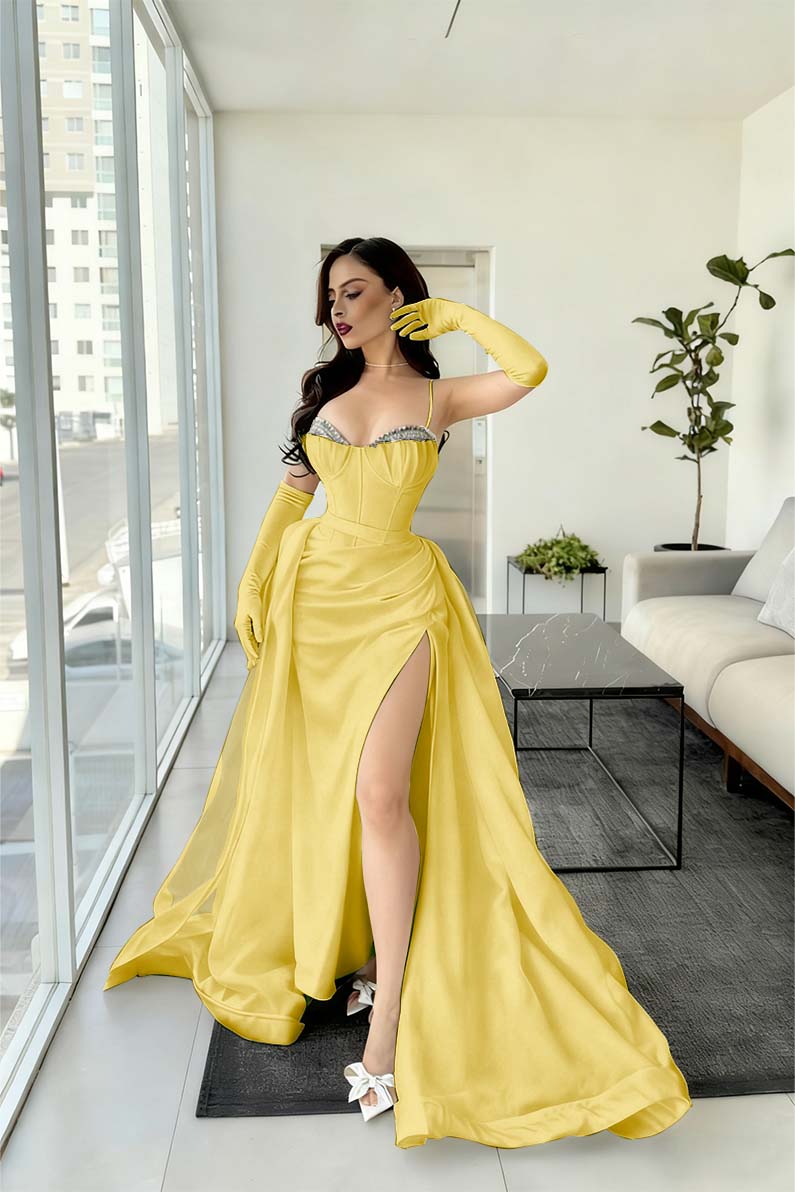 Spaghetti Strap Sleeveless Long Mermaid Prom Dress With Split Gloves