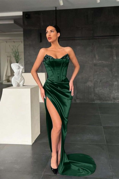 Mermaid Royal Blue Strapless Sleeveless Prom Dress High Split With Sequins