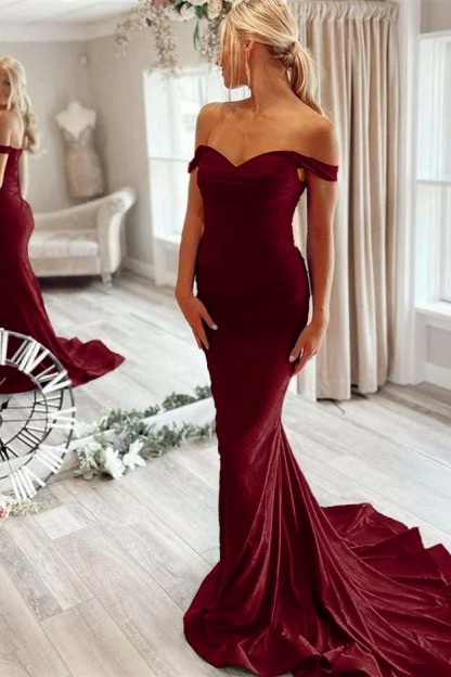 Off the Shoulder Sleeveless Mermaid Long Prom Dress With Pleated