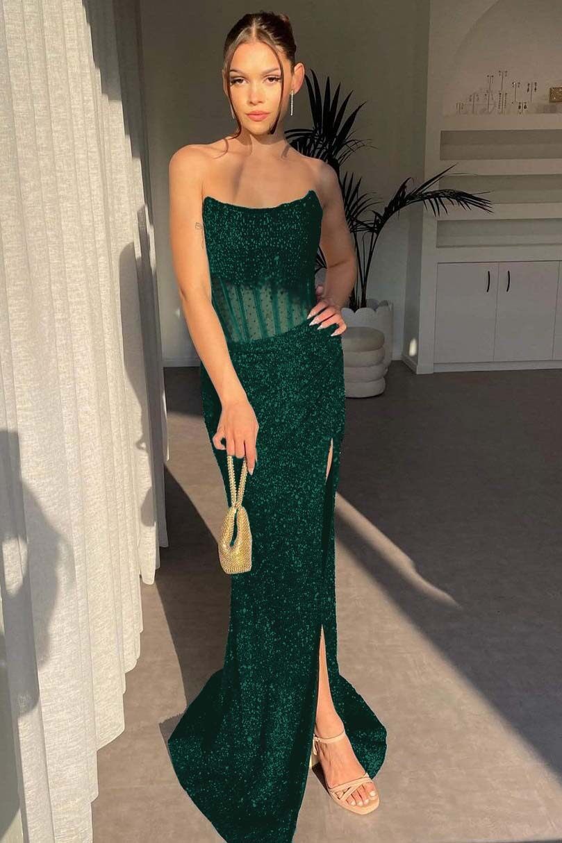 Strapless Sleeveless Mermaid Long Split Prom Dress With Sequins