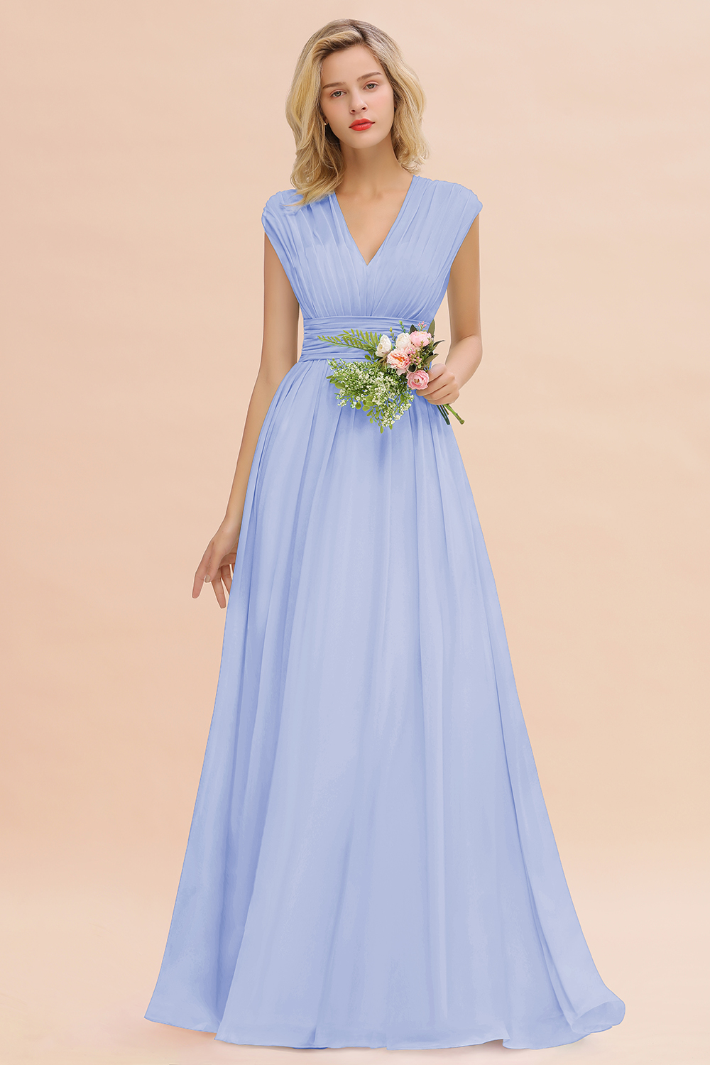 BMbridal Elegant Chiffon V-Neck Ruffle Long Bridesmaid Dresses Affordable-BMbridal