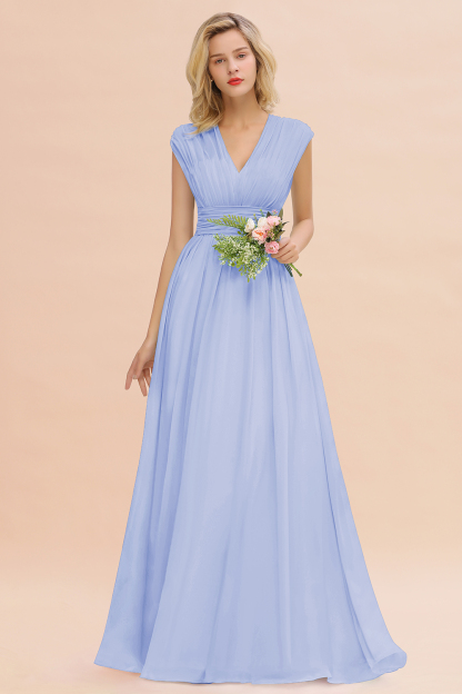 BMbridal Elegant Chiffon V-Neck Ruffle Long Bridesmaid Dresses Affordable-BMbridal