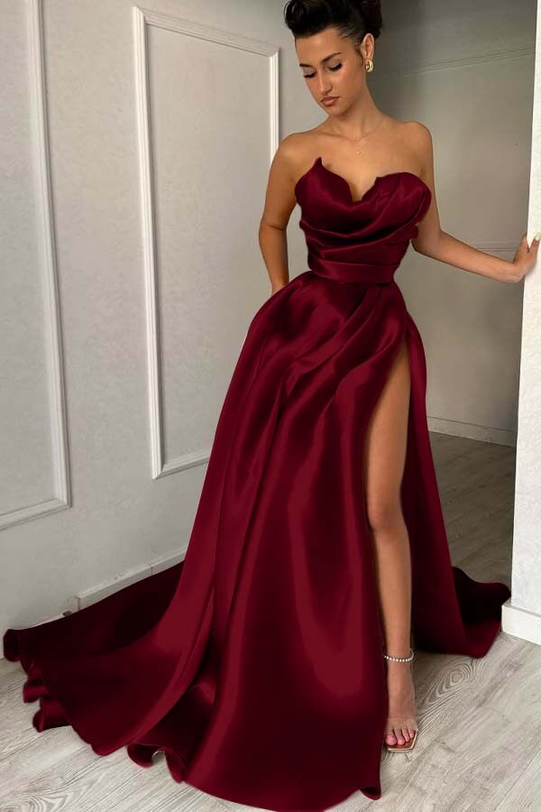 Strapless Sleeveless Long Prom Dress With High Split Pleated