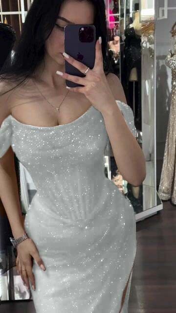 Sequins Off the Shoulder Sleeveless Long Prom Dress With Split