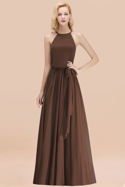 BMbridal Affordable Halter Bow Long Bridesmaid Dress Modest Burgundy Chiffon Wedding Party Dress-BMbridal