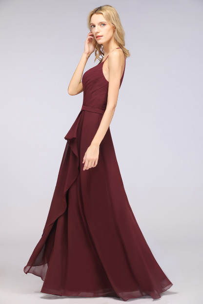 BMbridal Affordable Chiffon Halter V-Neck Ruffle Burgundy Bridesmaid Dresses-BMbridal