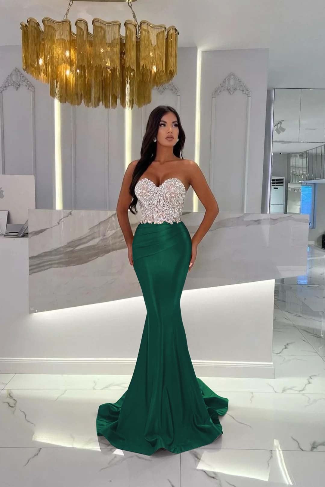 Prom Dress Satin Gold Sweetheart Sleeveless Strapless With Rhinstone Mermaid