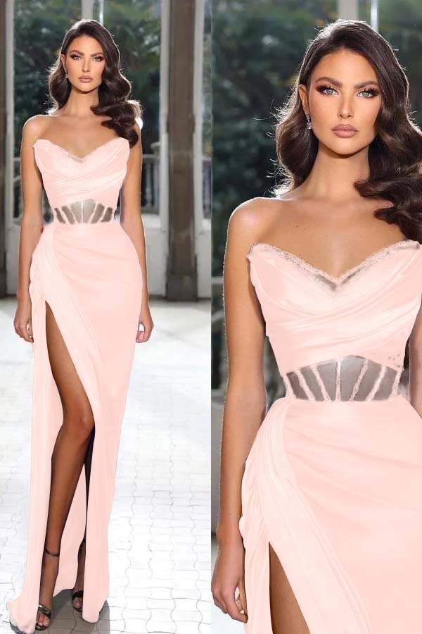 Strapless Sleeveless Long Mermaid Prom Dress With Split Pleated