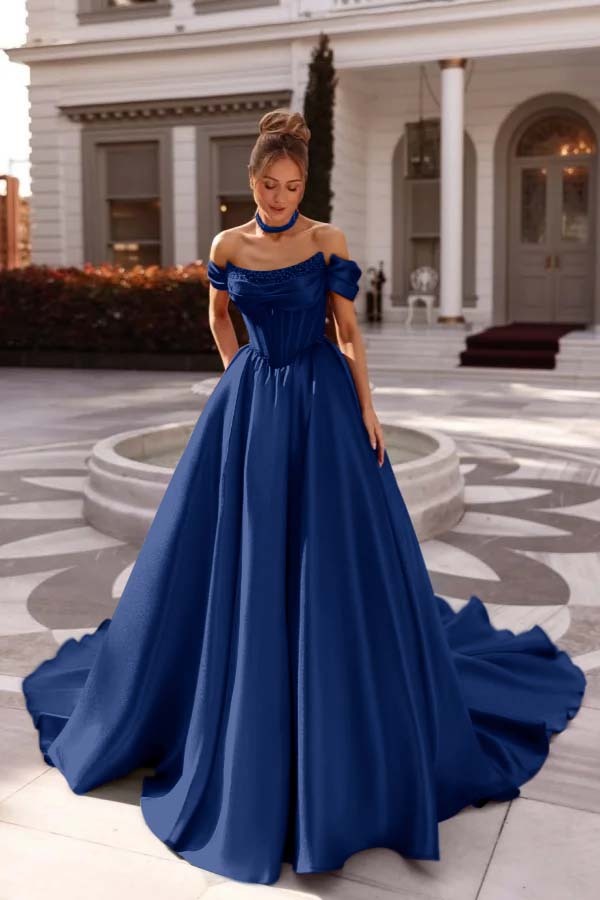 Off the Shoulder Sleeveless Long Prom Dress With Pleated Beading